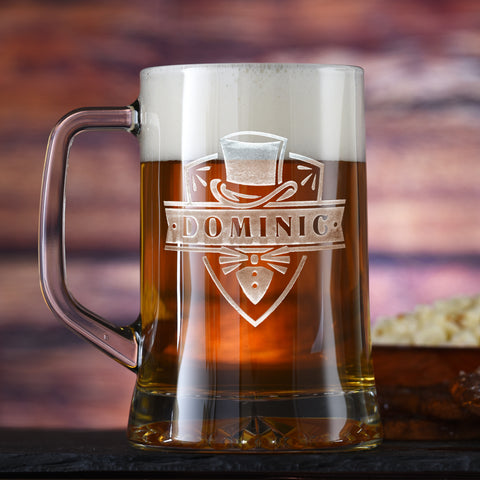 Custom engraved personalized groomsmen beer mugs for the best man and ushers.