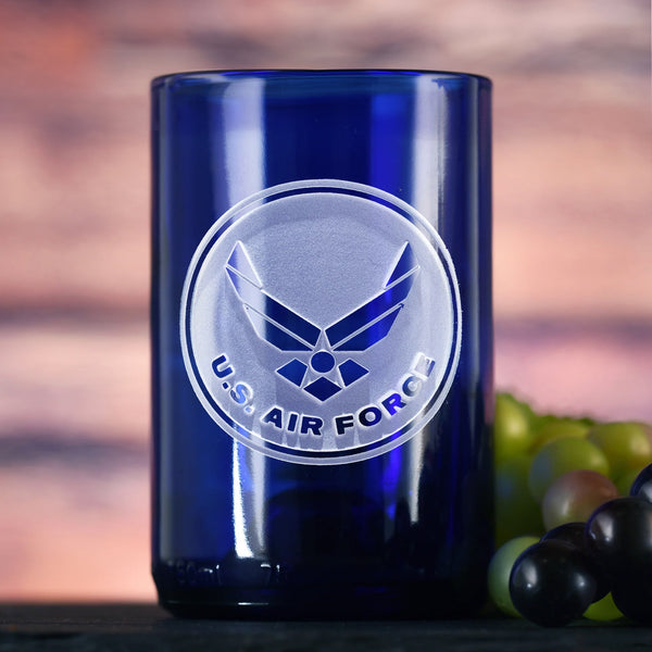Air Force Gift for Airman, Engraved Recycled Blue Wine Bottle Glass