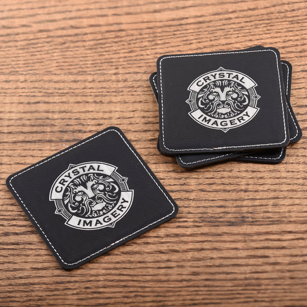 Laser Etched Logo Black and Silver Leather Coasters,  SET of 6