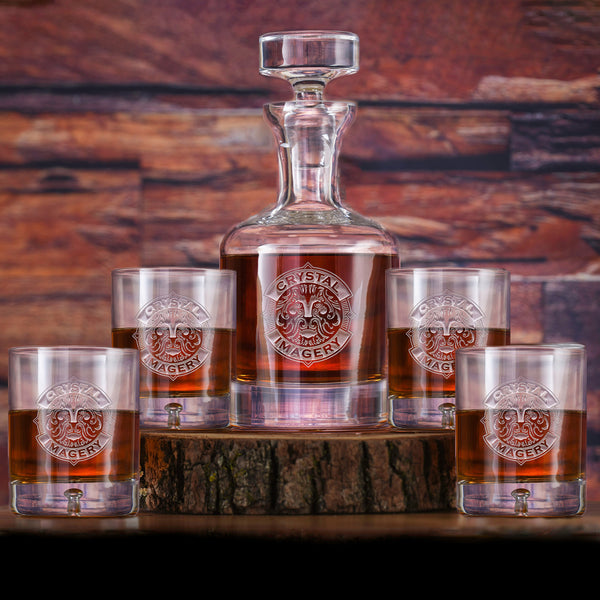 Company Logo Crystal Whiskey Decanter and Glasses Gift Set of 5