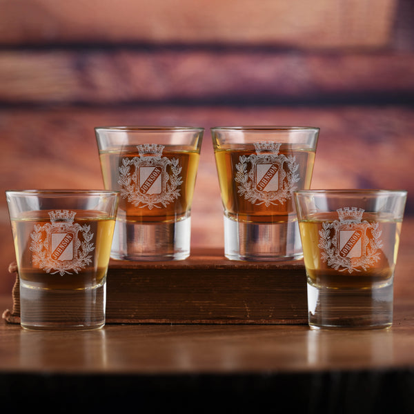 Laser Etched Family Crest Shot Glass Gift Set of 4