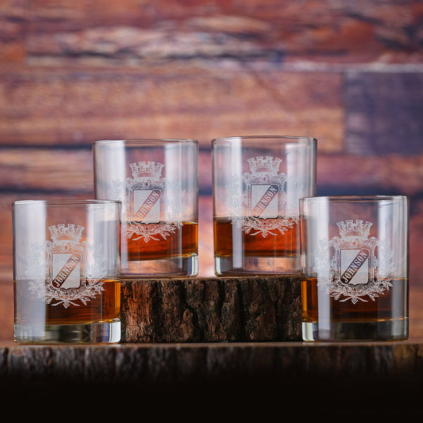 Laser Etched Family Crest Whiskey Glass Gift Set of 4
