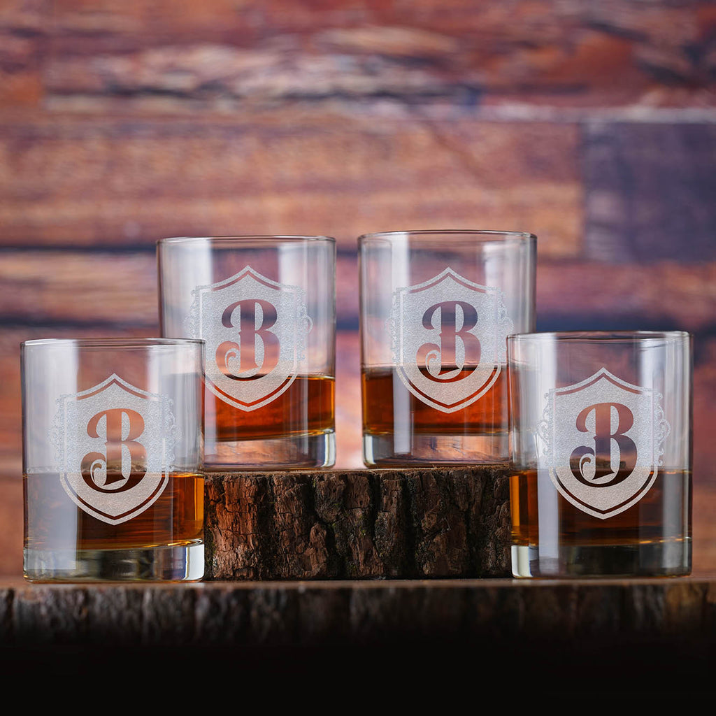 Laser Etched Monogram Whiskey Glass Gift Set of 4