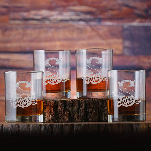 Laser Etched Fancy Monogram Whiskey Glass Gift Set of 4
