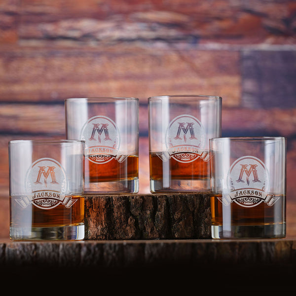 Laser Etched Custom Whiskey Glass Gift Set of 4