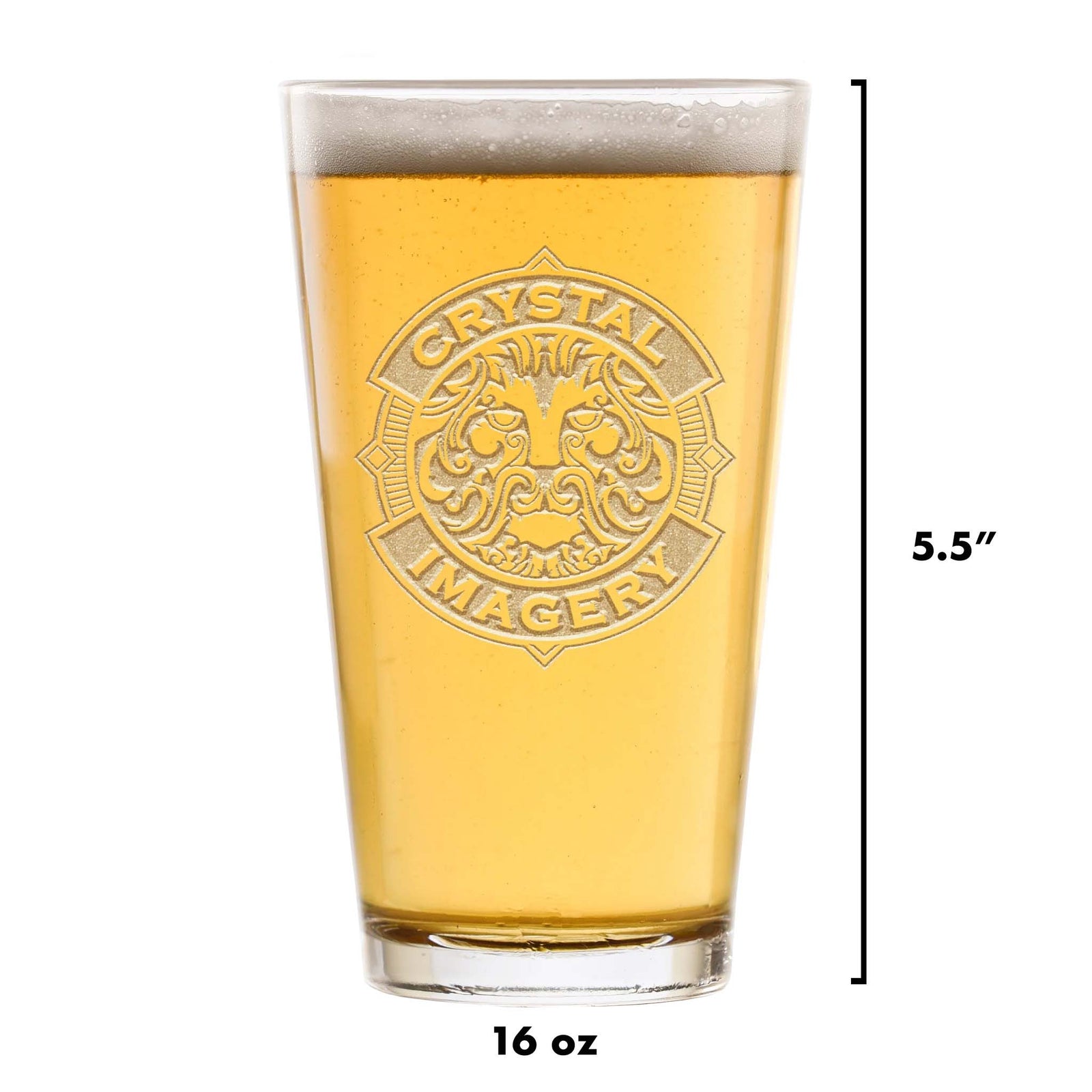 Size guide: a pint glass etched with a sample Crystal Imagery crest, filled with beer; 16 ounces, 5.5 inches tall.