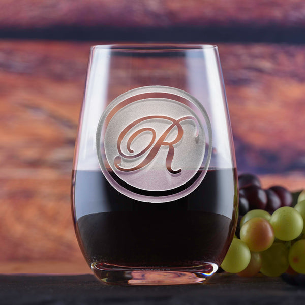 Custom Monogram Stemless Wine Glass Tumbler by Crystal Imagery