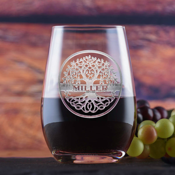 Family Tree Stemless Wine Glass Tumbler by Crystal Imagery