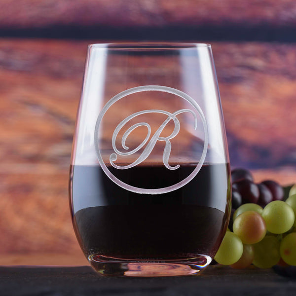 Etched Monogram Stemless Wine Glass Tumbler by Crystal Imagery