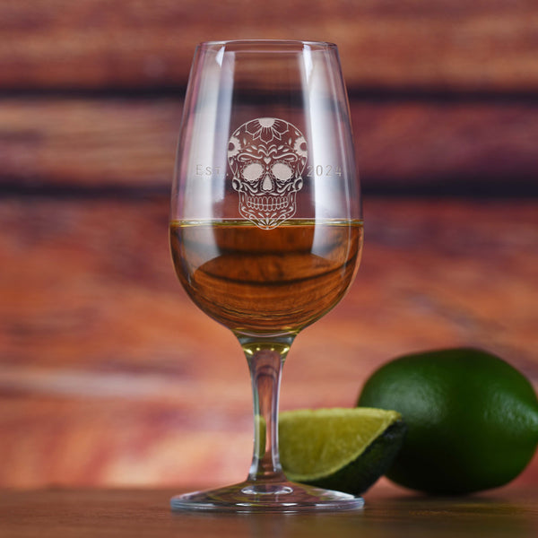Sugar Skull Calaveras With Date Tequila Tasting Glass Deep Engraved