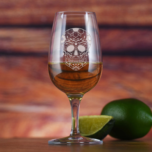 Sugar Skull Calaveras Tequila Tasting Glass Deep Engraved