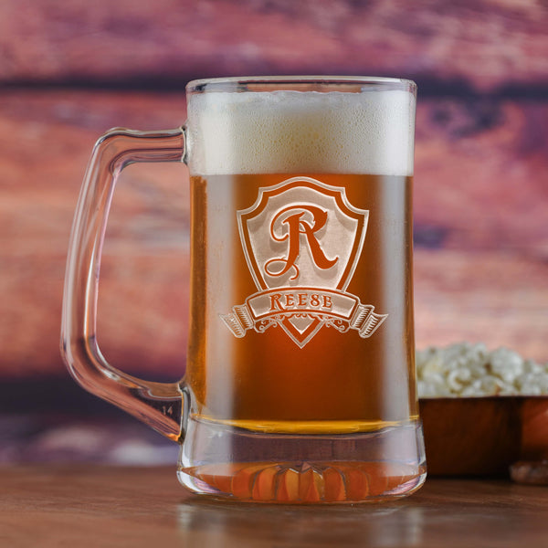 Personalized Shield Beer Mug – Deep Sand-Carved Crystal