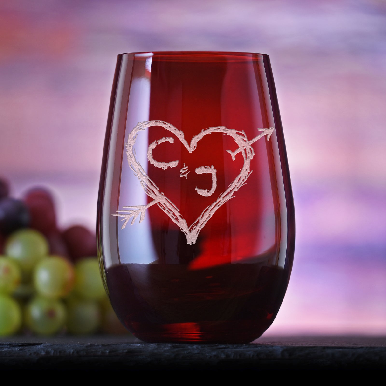 Heart & Arrow Lovers Etched, Red Stemless Wine Glass