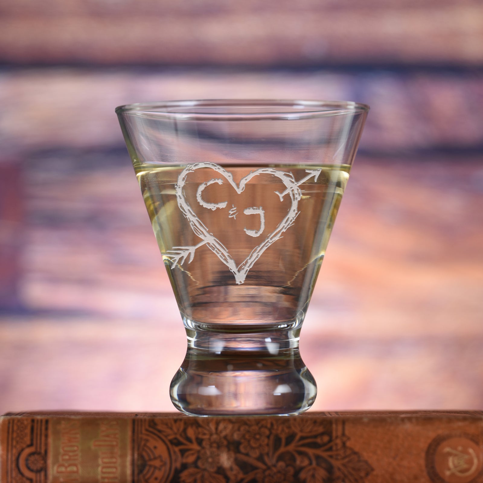 Initials in Heart, Engraved Martini Cocktail Glass