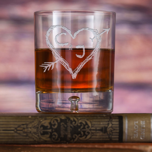 Engraved Initials in Heart Whiskey Scotch Glass