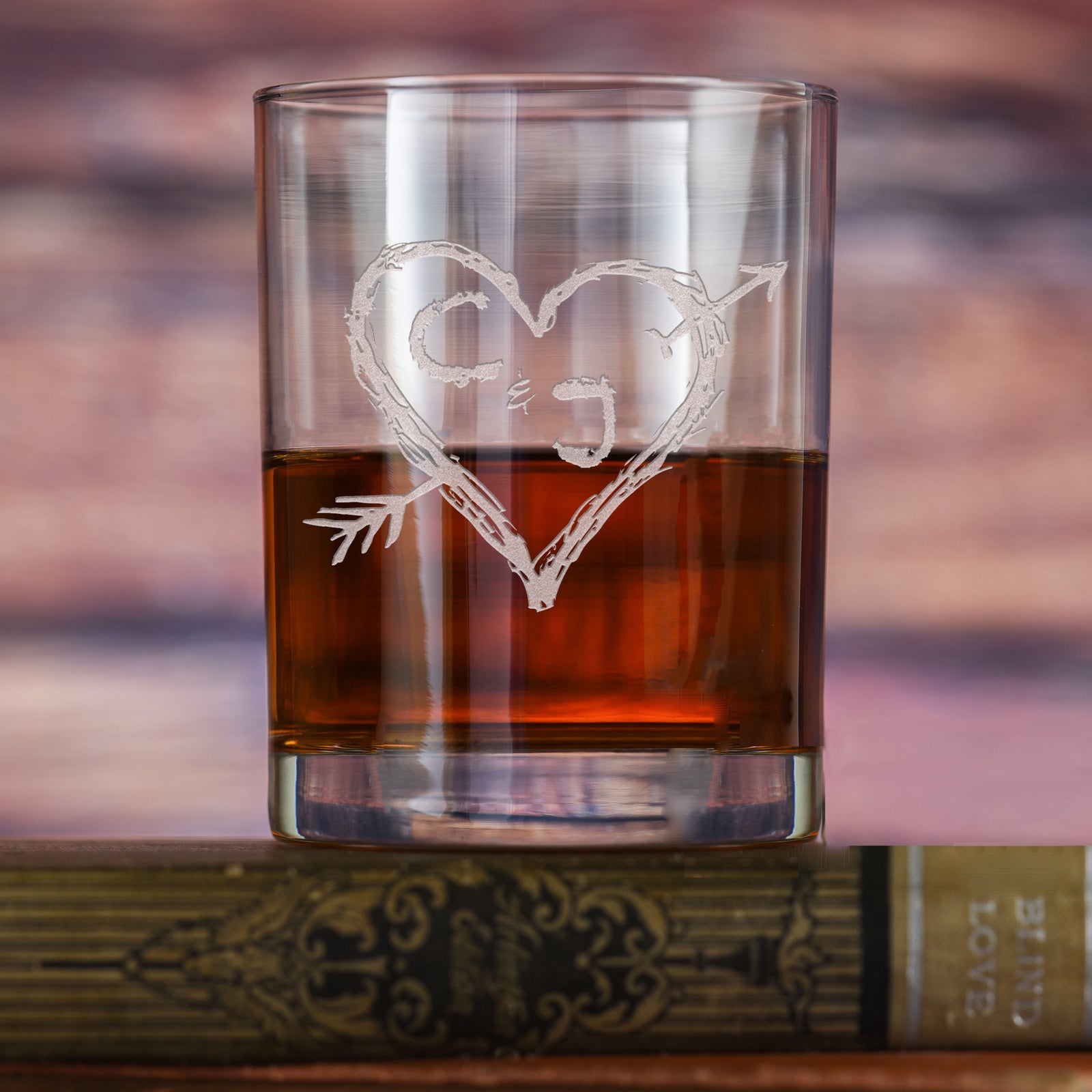 Initials in Heart Whiskey Scotch Glass, Engraved