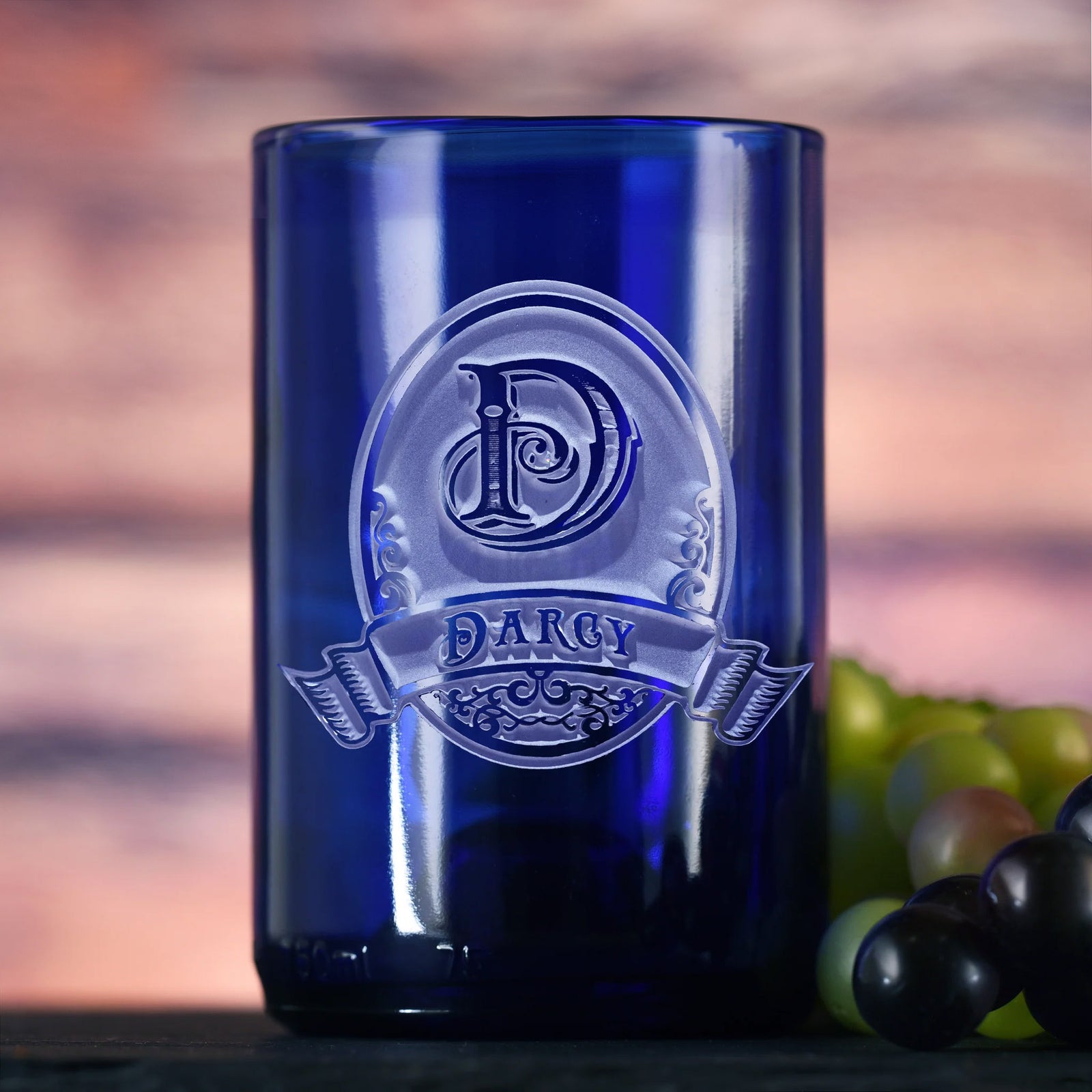 Engraved, Cobalt Blue, Recycled Wine Bottle Glass Tumbler