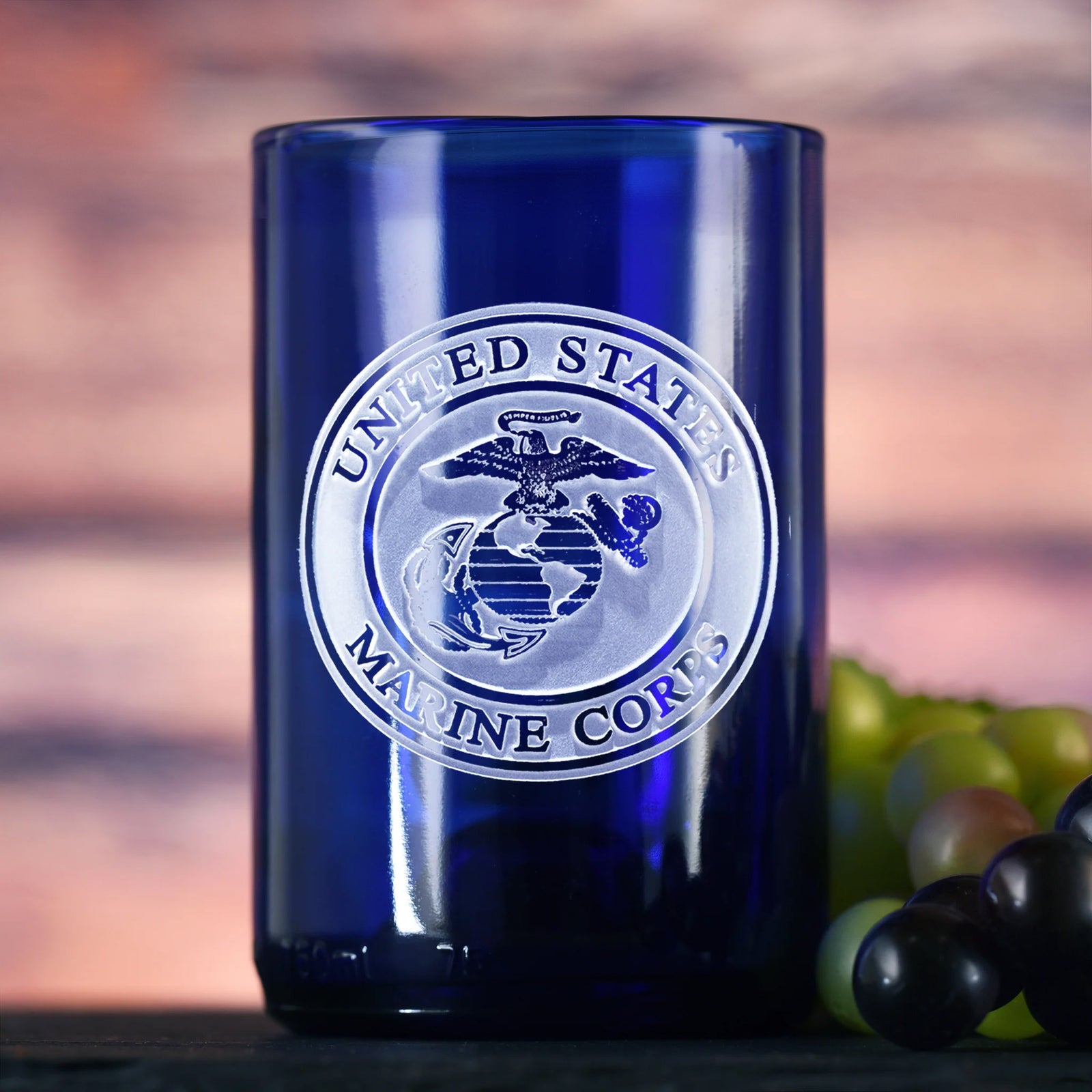 Marines Gift, Engraved, Recycled Blue Wine Bottle Glass