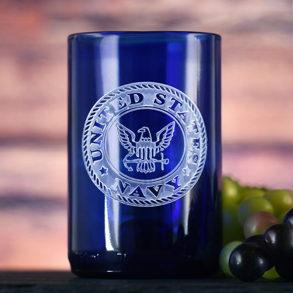 Navy Gift for Sailor, Engraved Blue Wine Bottle Glass