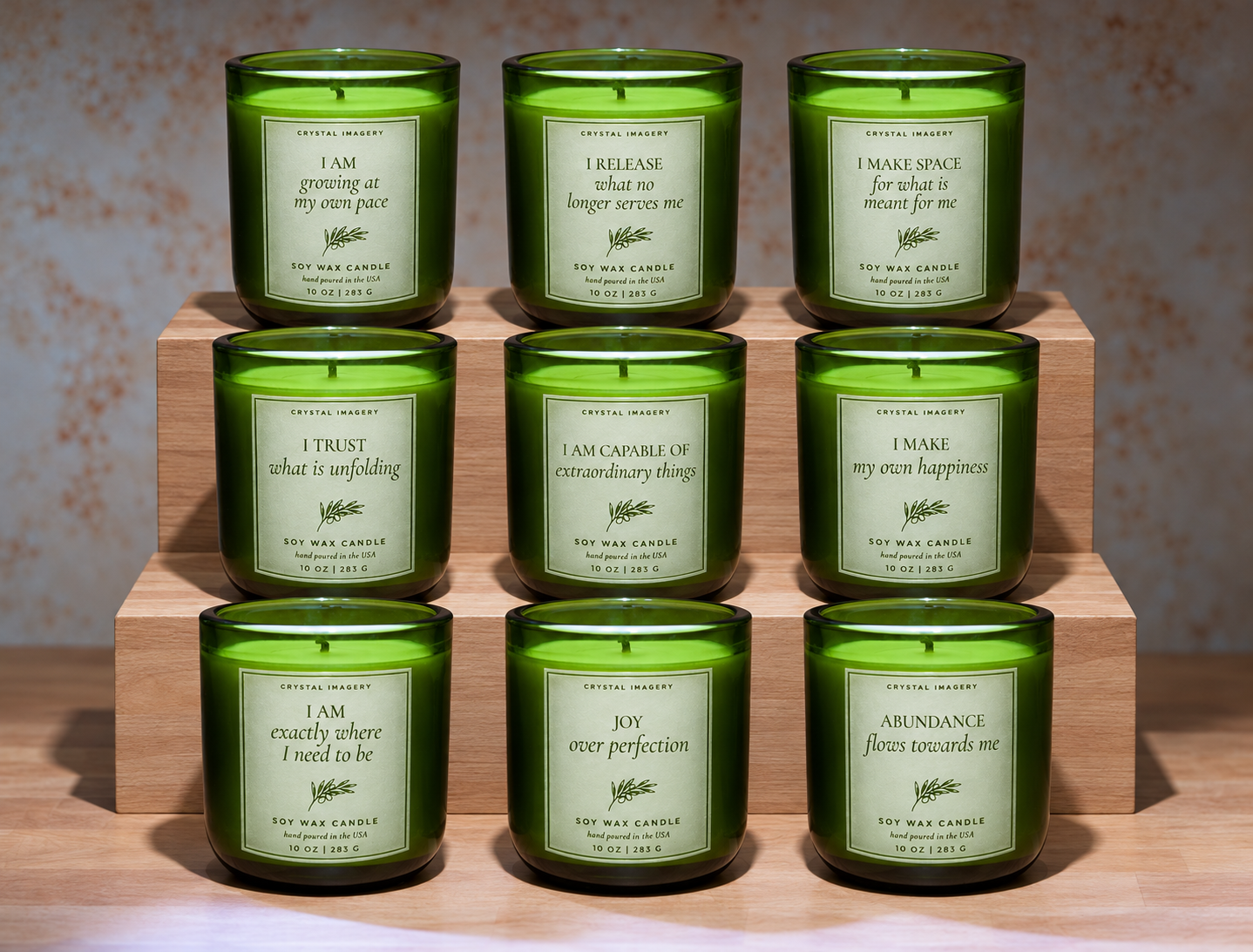 Affirmation Collection Mediterranean Candle – 10 oz Sandcarved Green Glass Candle