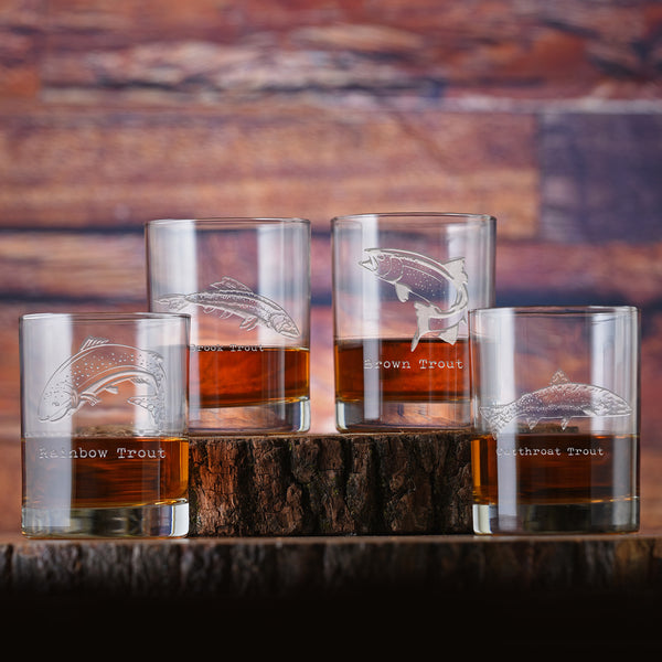Engraved Stream Trout Fly Fishing Whiskey Rocks Glass Set