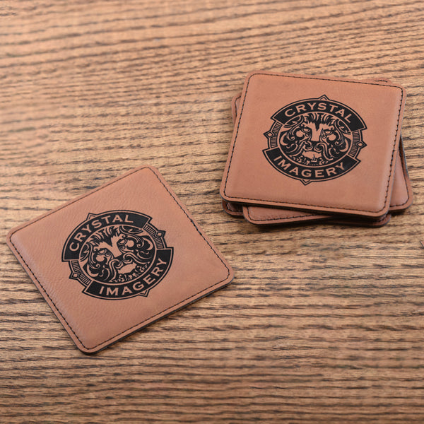 Laser Etched Logo in Tan Leather Coasters,  SET of 6