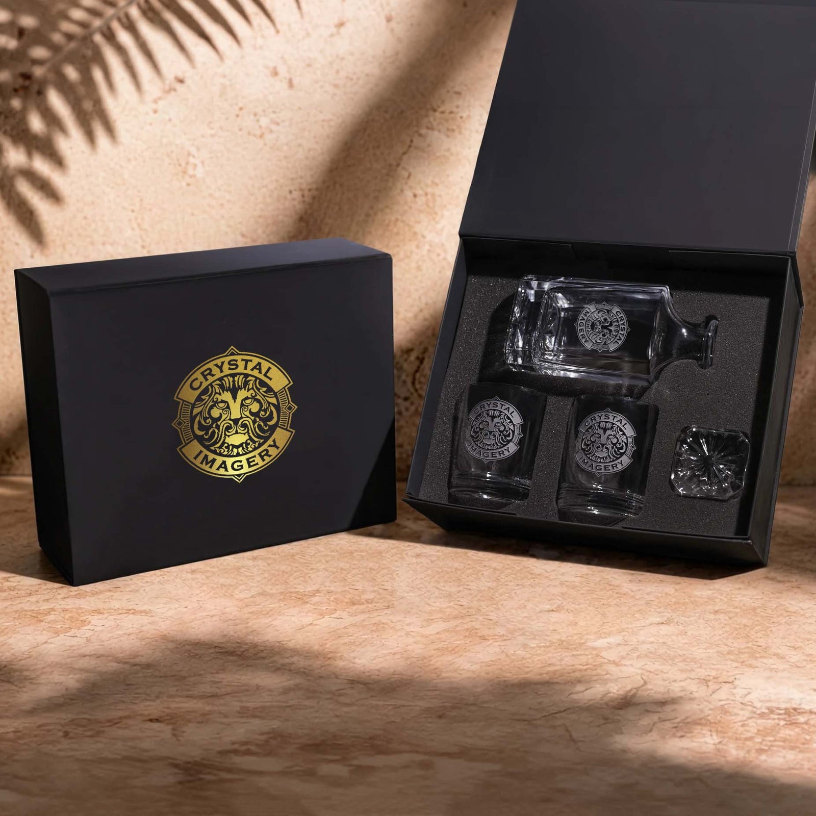 Custom Logo Whiskey Decanter & Rocks Glasses Gift Set with Custom Gift Box – Set of 3