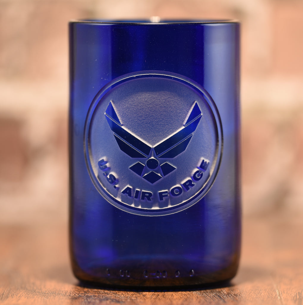 Air Force Gift for Airman, Engraved Recycled Blue Wine Bottle Glass