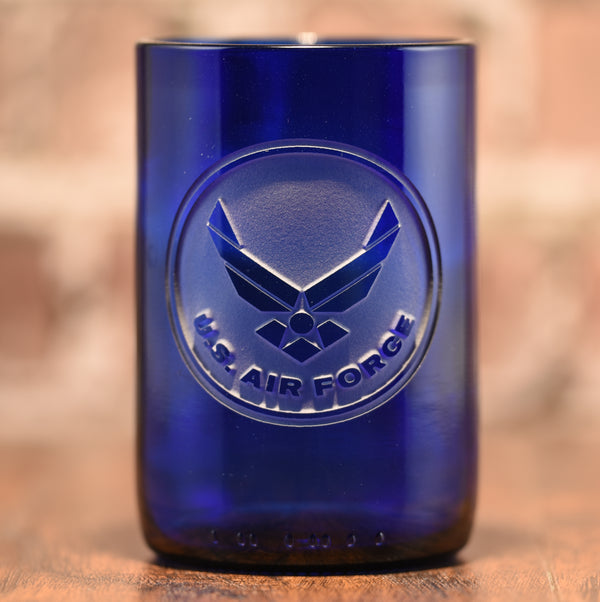 Air Force Gift for Airman, Engraved Recycled Blue Wine Bottle Glass