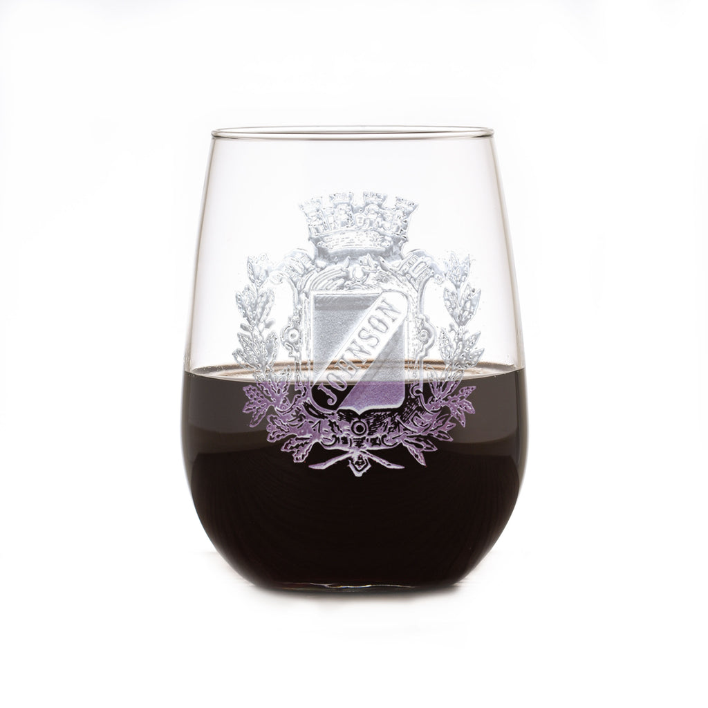 Family Crest Engraved Stemless Wine Glass