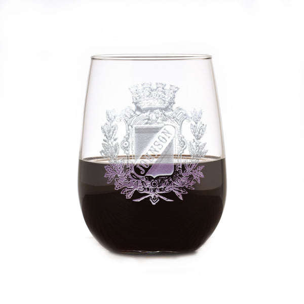 Family Crest Engraved Stemless Wine Glass