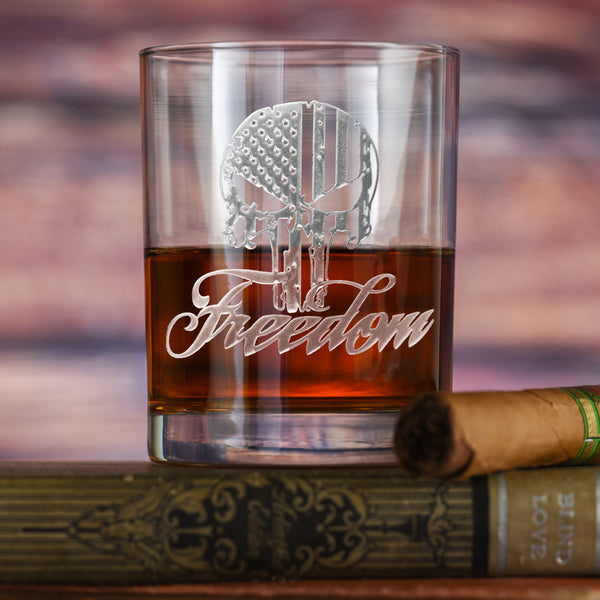 Deep Carved Freedom Skull Stars & Stripes Standard Rocks Glass