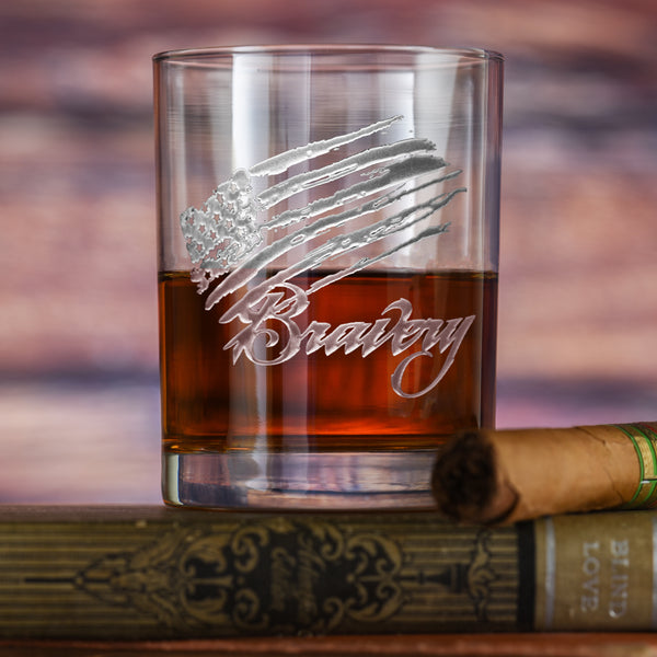 Deep Carved Bravery Tattered Flag Standard Rocks Glass