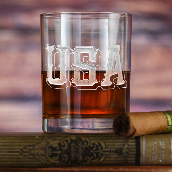 Deep Carved USA Patriotic Standard Rocks Glass