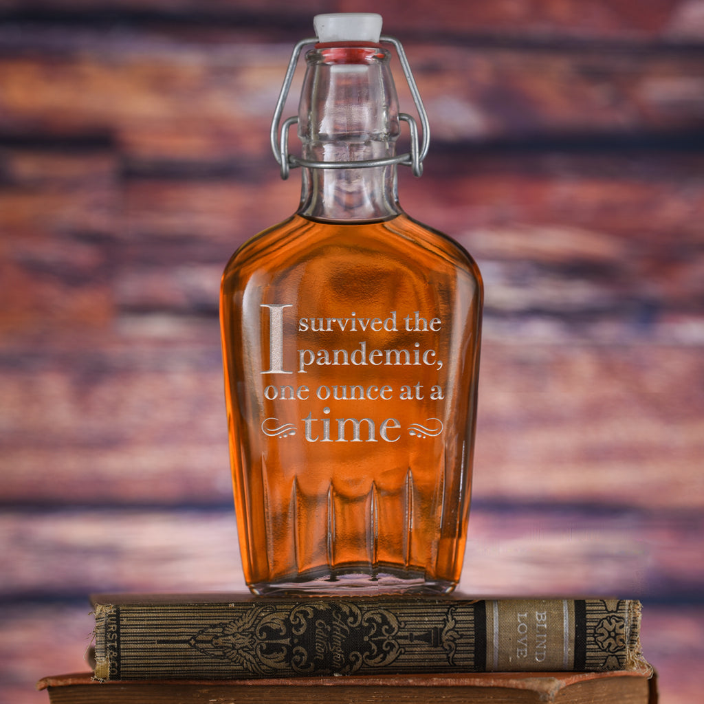"I Survived The Pandemic One Ounce at a Time" Engraved Flask, Humorous Gift