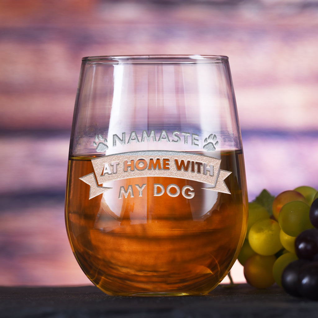 Namaste At Home With My Dog, Social Distancing Stemless Wine Glass