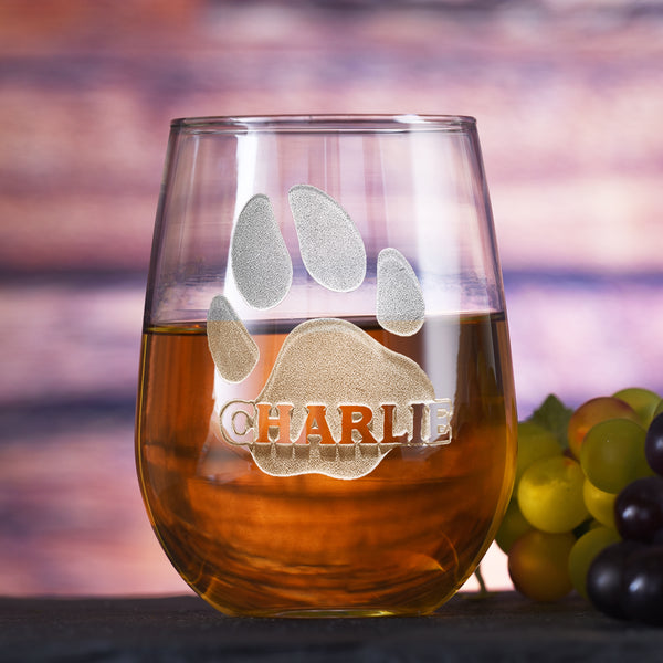 Dog's Name, Paw Print Engraved Stemless Wine Glass Gift for Pet Lovers