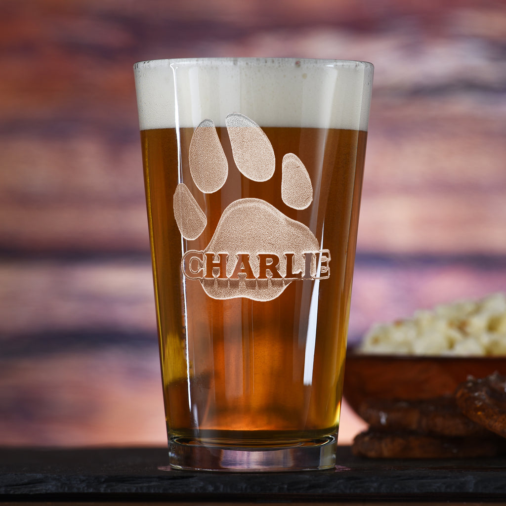 Dog's Name and Paw Print Engraved Pint Pub Glass Gift for Pet Lovers