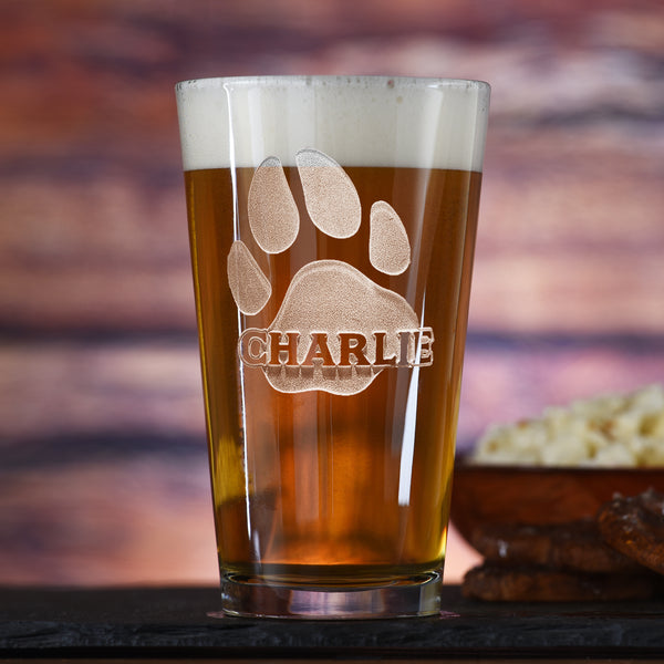 Dog's Name and Paw Print Engraved Pint Pub Glass Gift for Pet Lovers