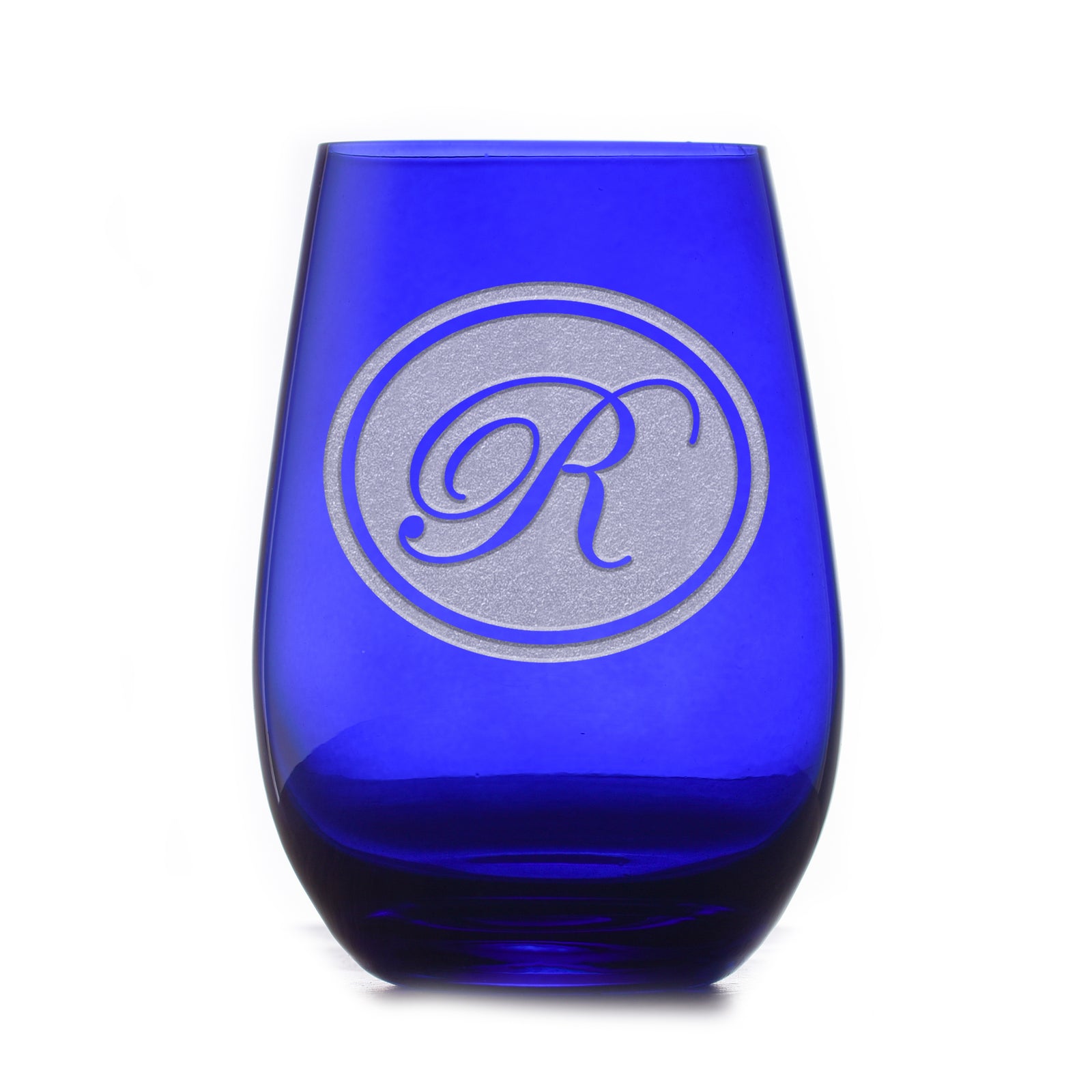 Custom, Etched Blue Stemless Wine Glass Tumbler