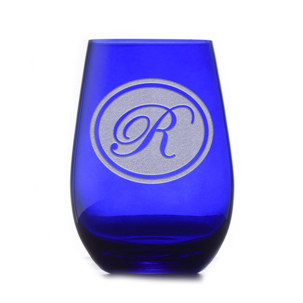 Custom Etched Blue Stemless Wine Glass Tumbler | Crystal Imagery