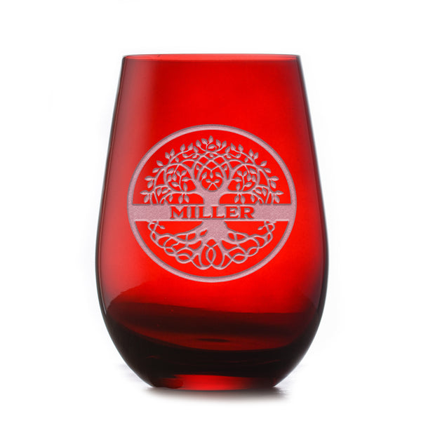 Custom Family Tree Red Stemless Wine Glass Tumbler by Crystal Imagery