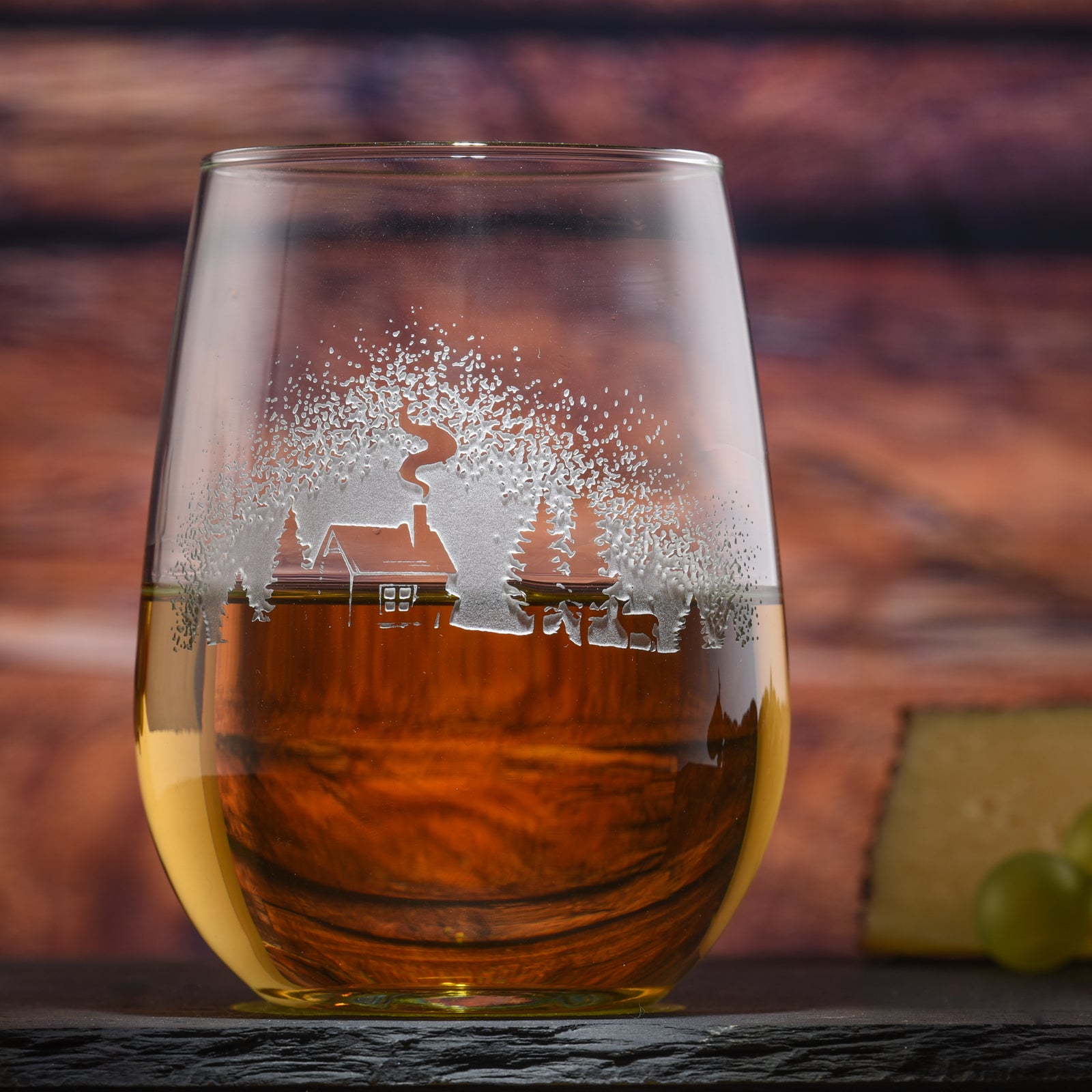 Log Cabin in the Woods, Stemless Wine Glass (Set of 2)