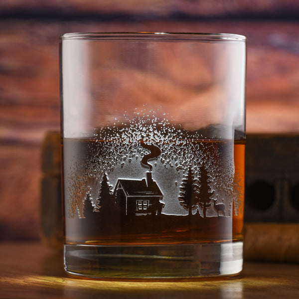 Deep Carved Log Cabin in the Woods Standard Rocks Glass