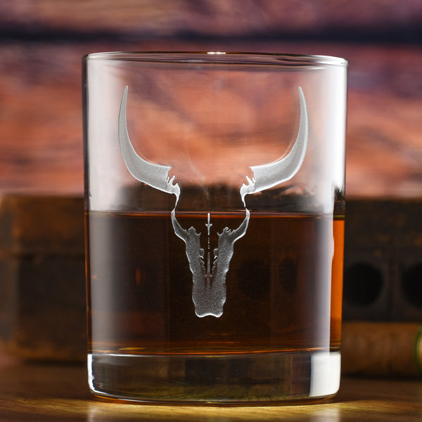Deep Carved Longhorn Steer Skull Standard Rocks Glass