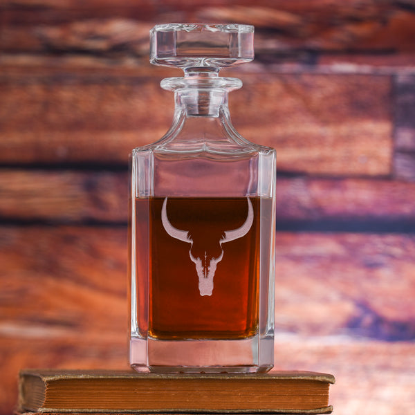 Deep Carved Longhorn Steer Skull Square Decanter Wholesale