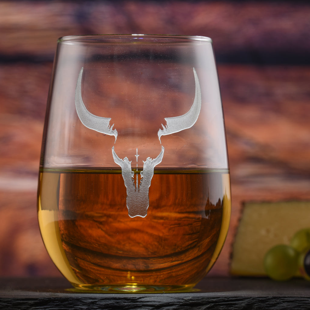 Steer Skull Horns Stemless Wine Glass Set of 2