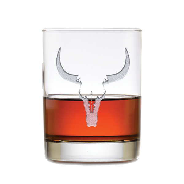 Deep Carved Longhorn Steer Skull Standard Rocks Glass