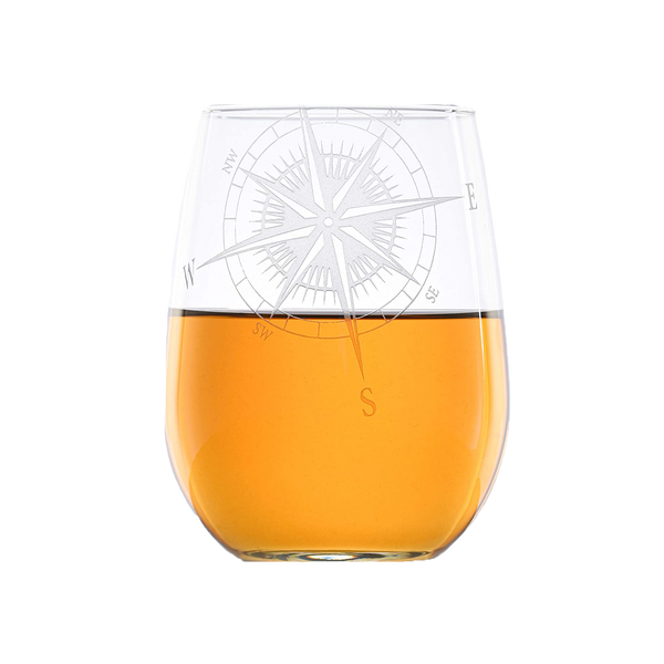Deep Carved Nautical Compass Rose Stemless Wine Glass