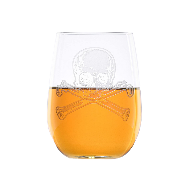 Deep Carved Skull and Bones Stemless Wine Glass